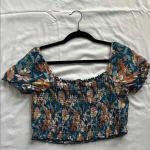 Aerie Multicolor Floral Smocked Ribbed Blouse